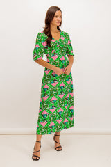 Miri Green Printed V-Neck Midi Dress