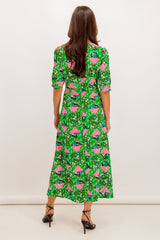 Miri Green Printed V-Neck Midi Dress