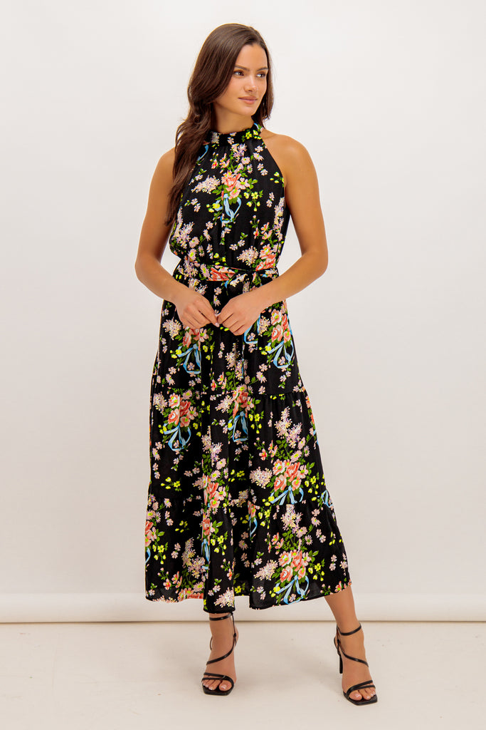 Black Floral Sonya Halter Neck Dress