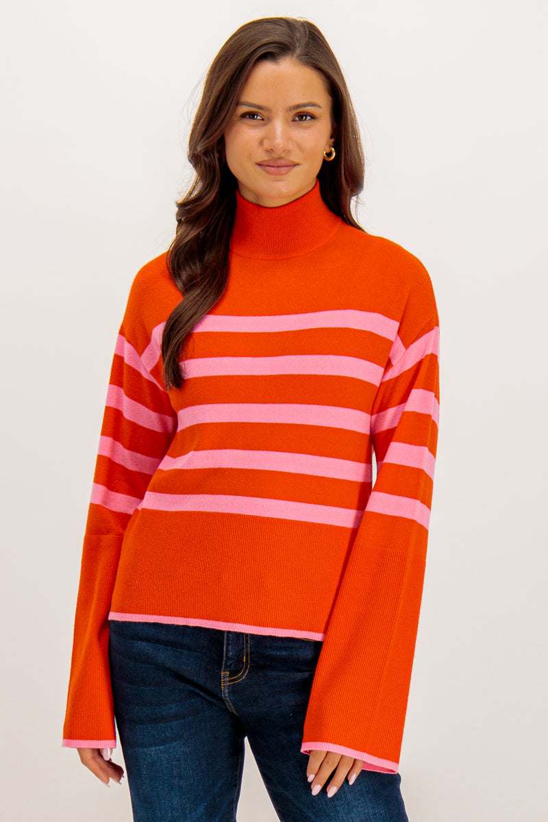 Happiness Orange & Pink Stripe Fluted Sleeve Knit
