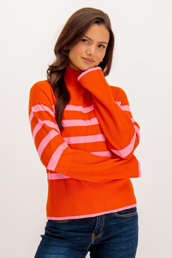 Happiness Orange & Pink Stripe Fluted Sleeve Knit