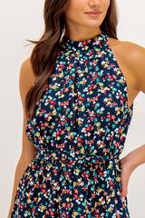 Navy Ditzy Floral Sonya Halter Neck Dress