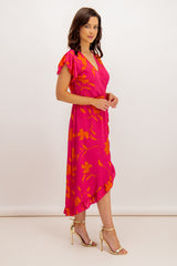 Katy Pink & Orange Floral Print Wrap Dress