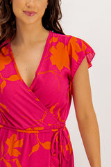 Katy Pink & Orange Floral Print Wrap Dress