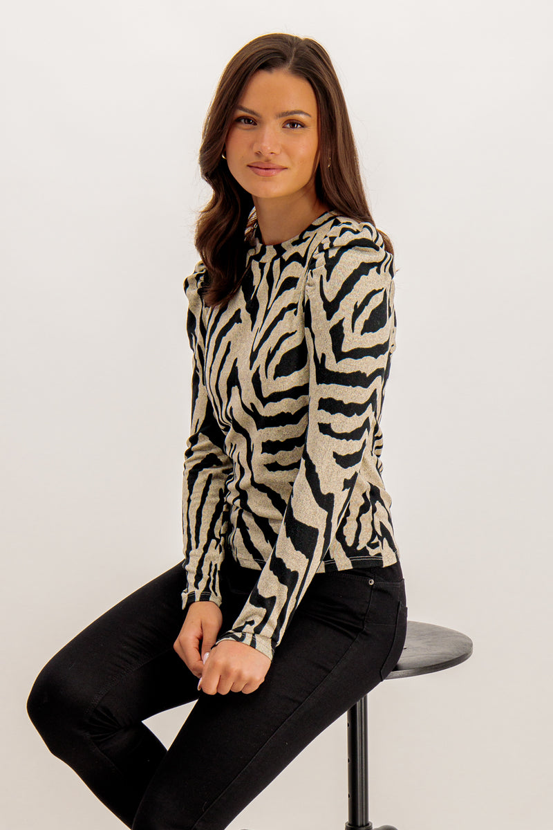 Tonsy Puff Sleeve Zebra Print Knitted Top