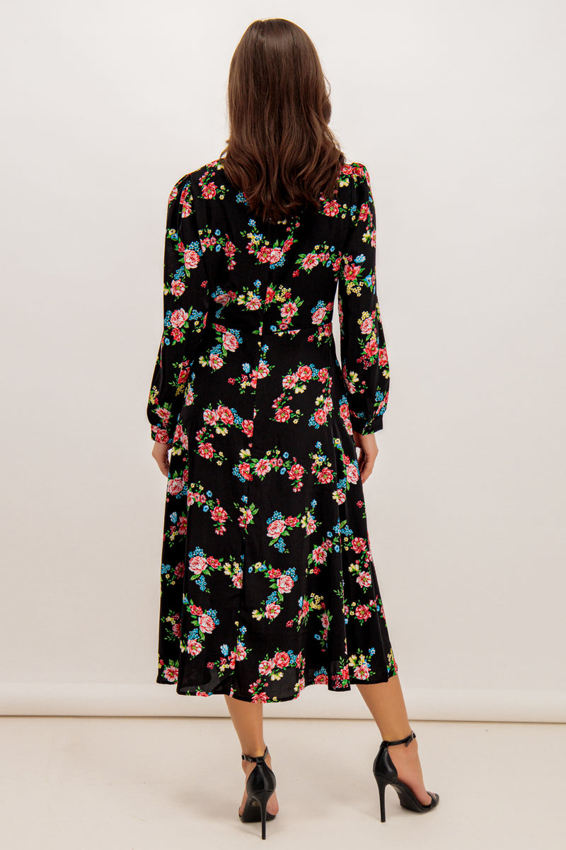 Amelie Black Floral Printed Midi Dress