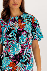 Turquoise Multi Palm Print Niko Dress