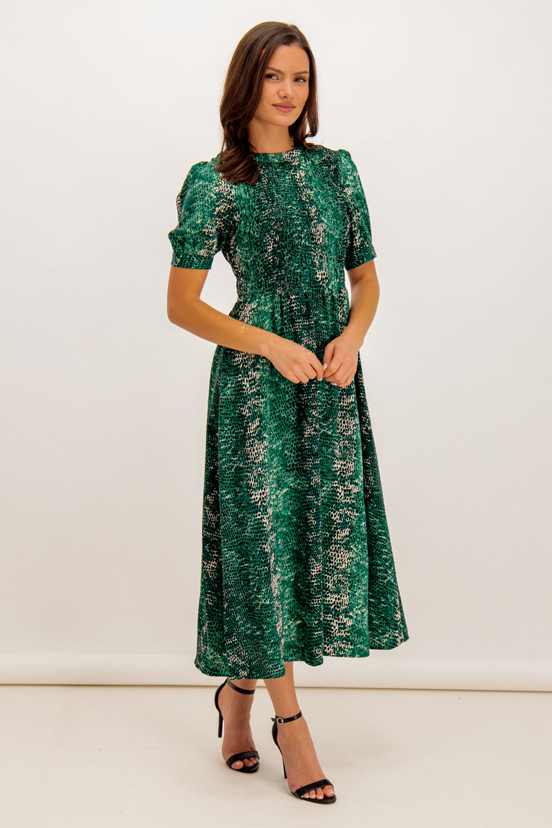 Aimee Green Snake Print Midi Dress