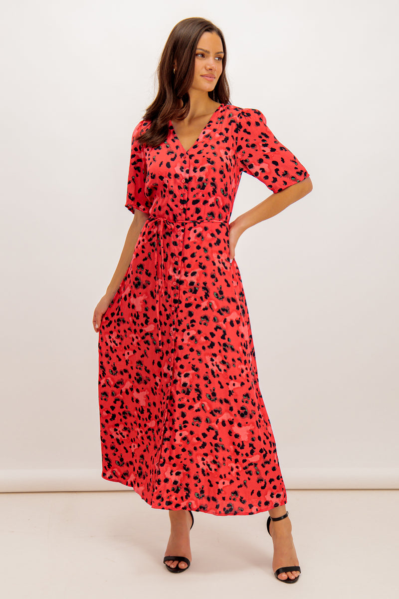 Coral Appa Leopard Print V-Neck Midi Dress