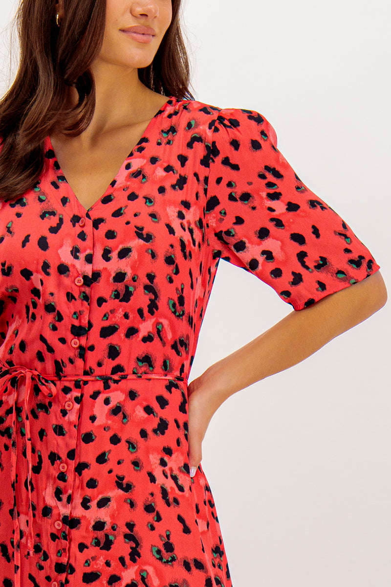 Coral Appa Leopard Print V-Neck Midi Dress
