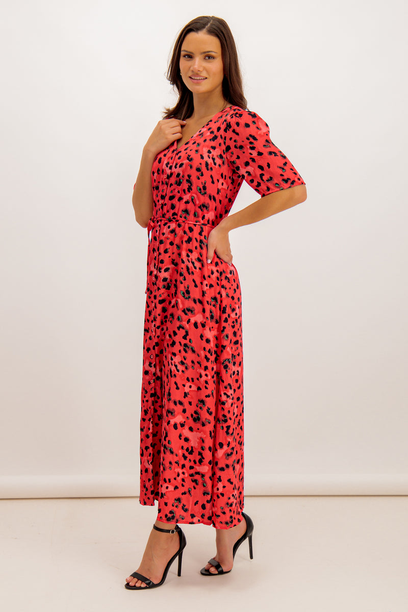 Coral Appa Leopard Print V-Neck Midi Dress