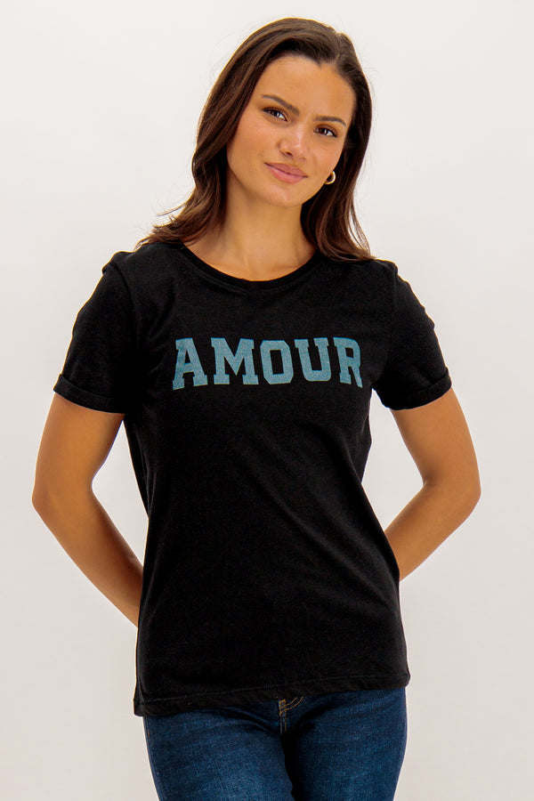 Lane Amour Black Sparkle Graphic Tee