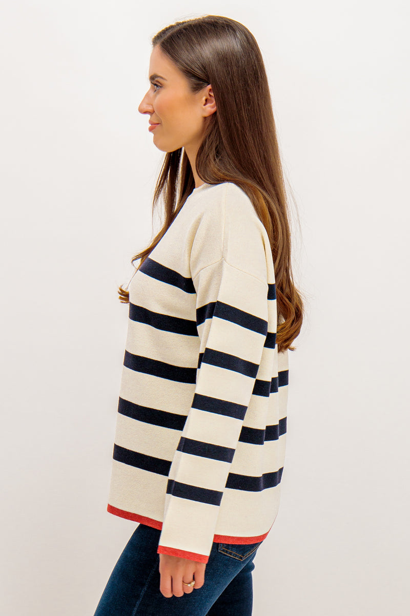 Alberte Cream & Navy Contrast Trim Striped Knit