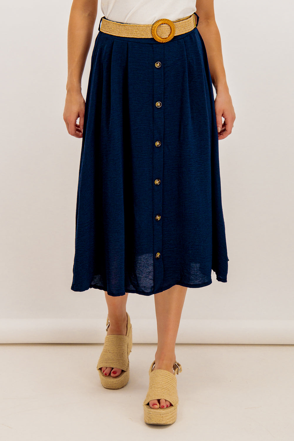 Tara Navy Button Belted Midi Skirt