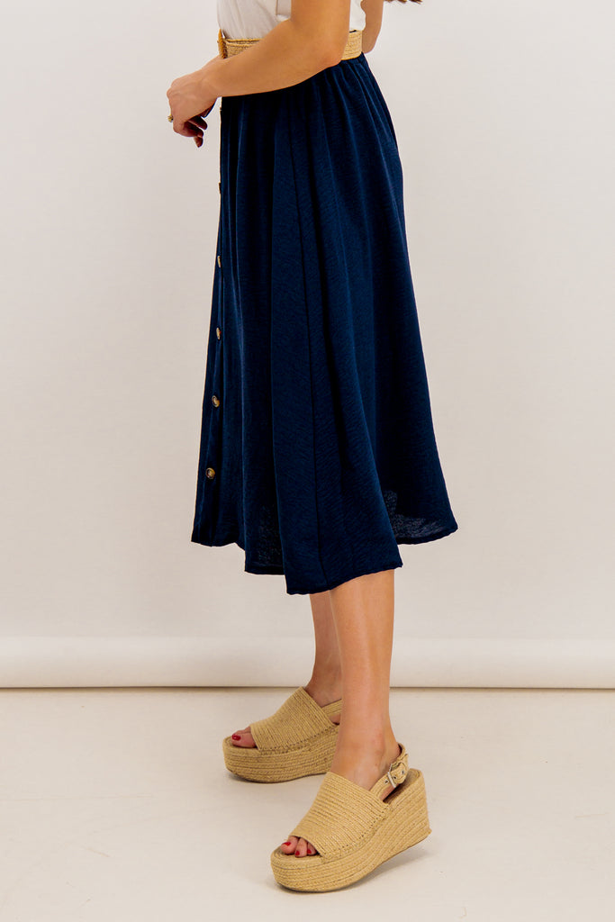 Tara Navy Button Belted Midi Skirt