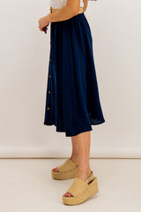 Tara Navy Button Belted Midi Skirt