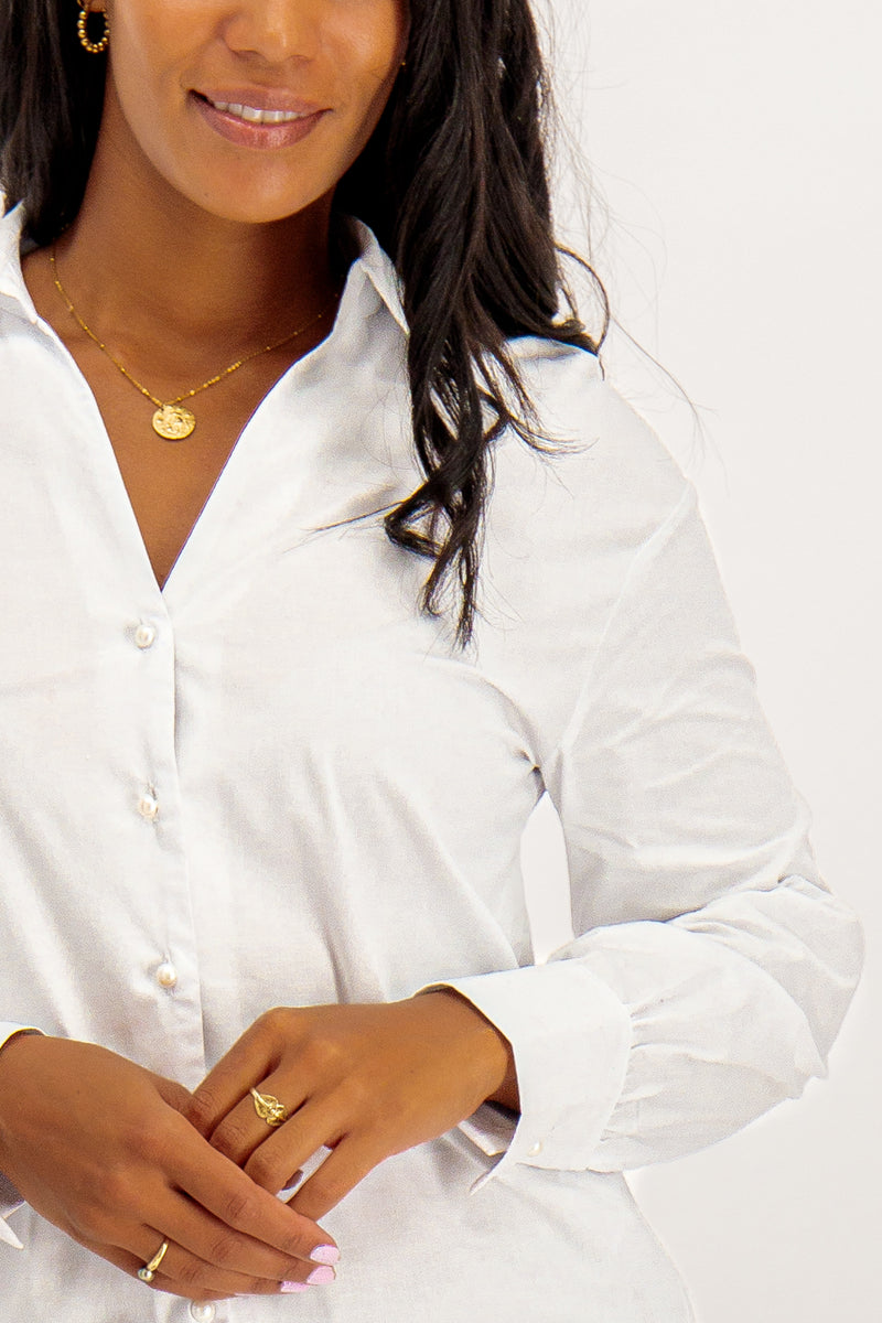 Layla White Pearl Button Up Shirt