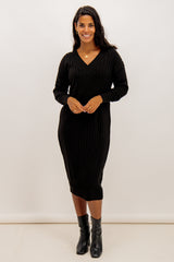 Tessa Black V-Neck Knit Dress