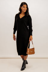 Tessa Black V-Neck Knit Dress