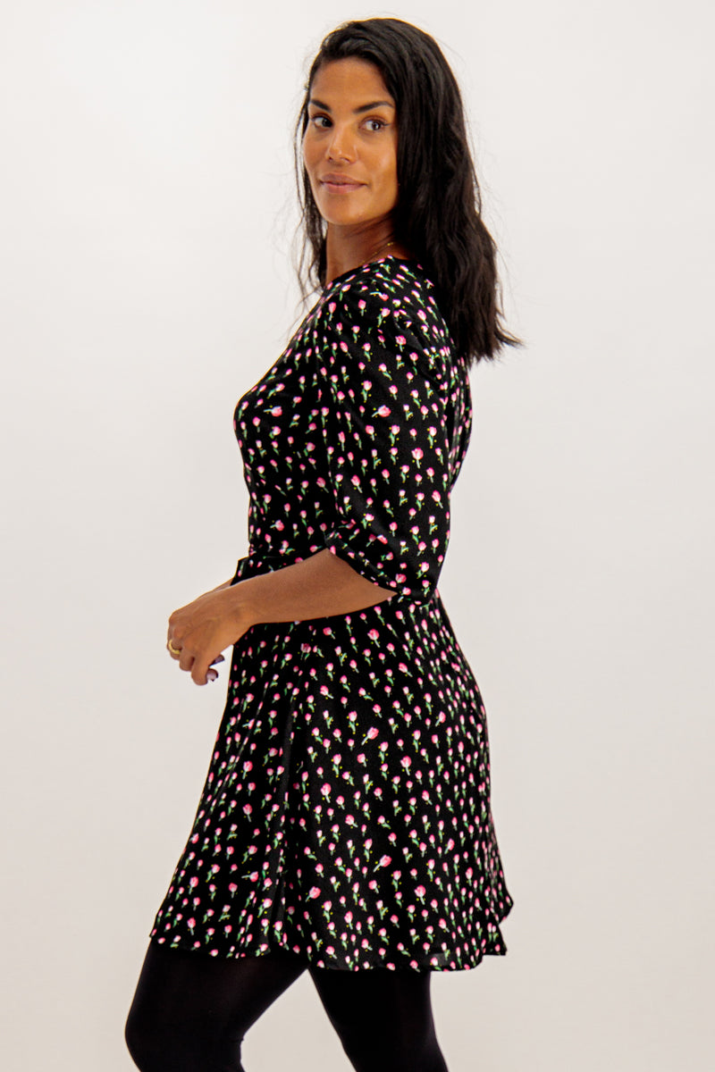 Demi Black Rose Print Short Belted Dress