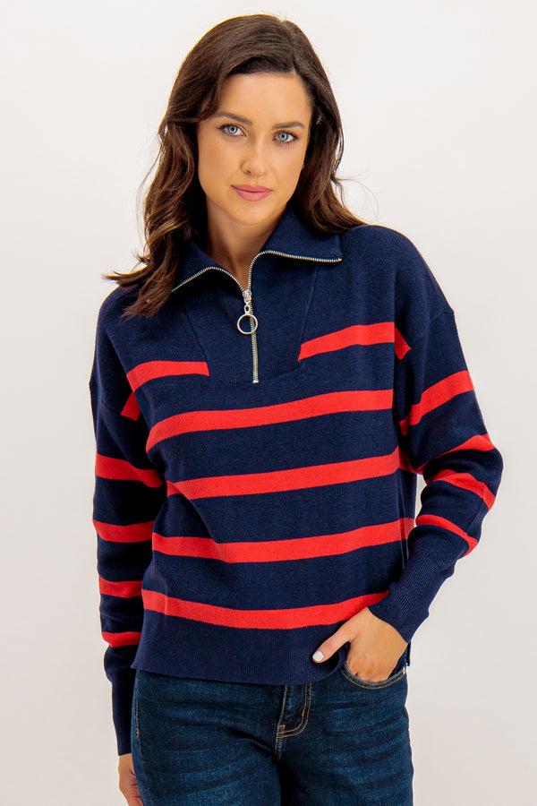 Saba Navy Stripe High Neck Zip Knit