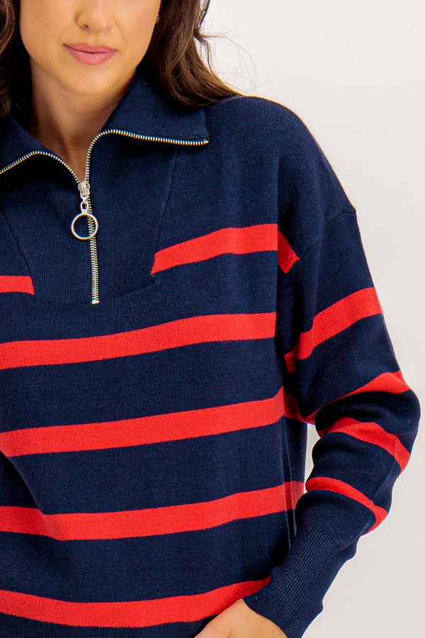 Saba Navy Stripe High Neck Zip Knit