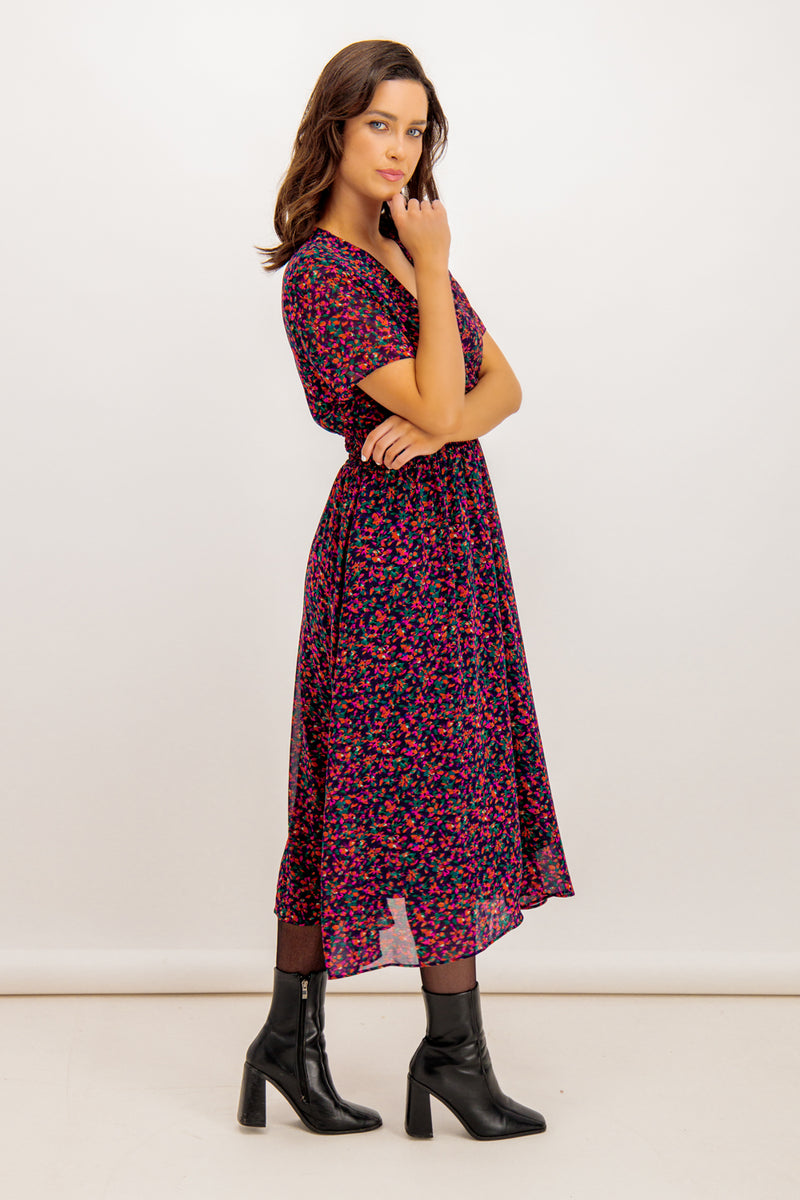 Clara Purple Ditzy Floral Midi Dress