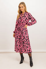 Pipar Pink Leaf Print Midi Dress