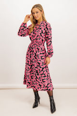 Pipar Pink Leaf Print Midi Dress