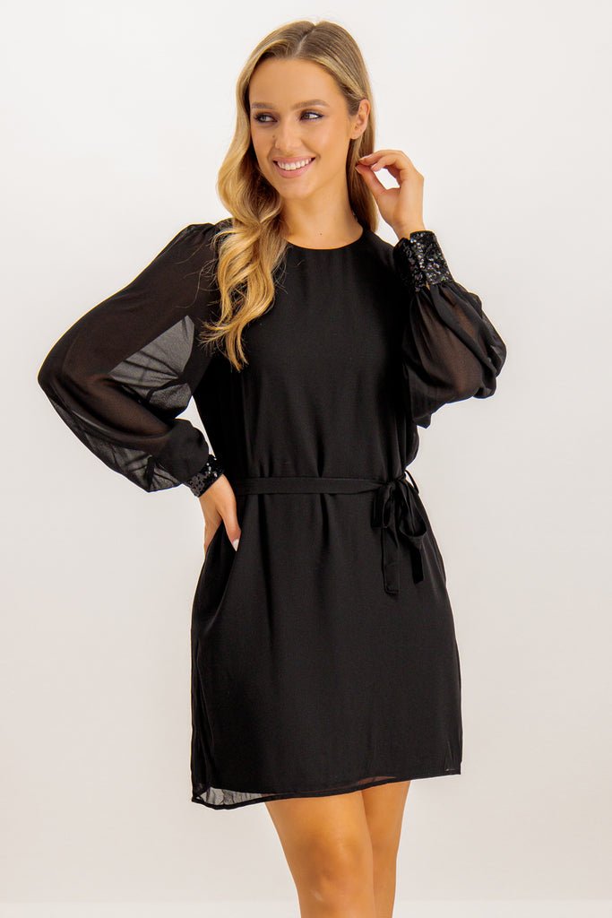 Mina Black Belted Sequin Cuff Dress