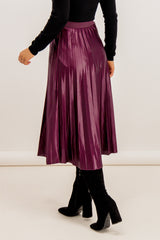 Wine High Shine Pleated Midi Skirt