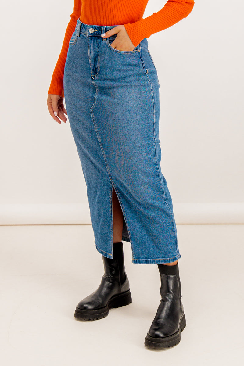 Kath Medium Blue Stretch Denim Midaxi Skirt