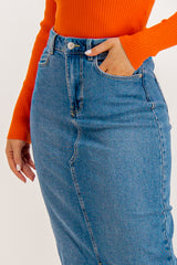 Kath Medium Blue Stretch Denim Midaxi Skirt