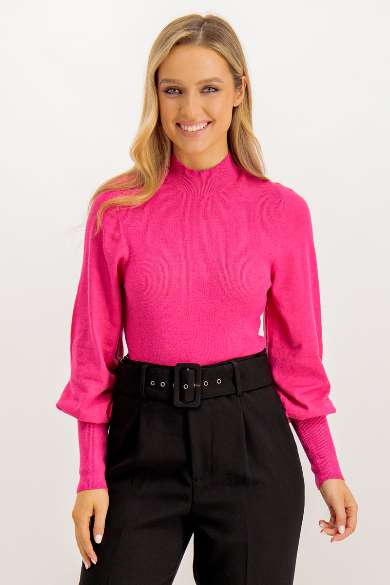 Holly Fuchsia Pink High Neck Puff Sleeve Knit