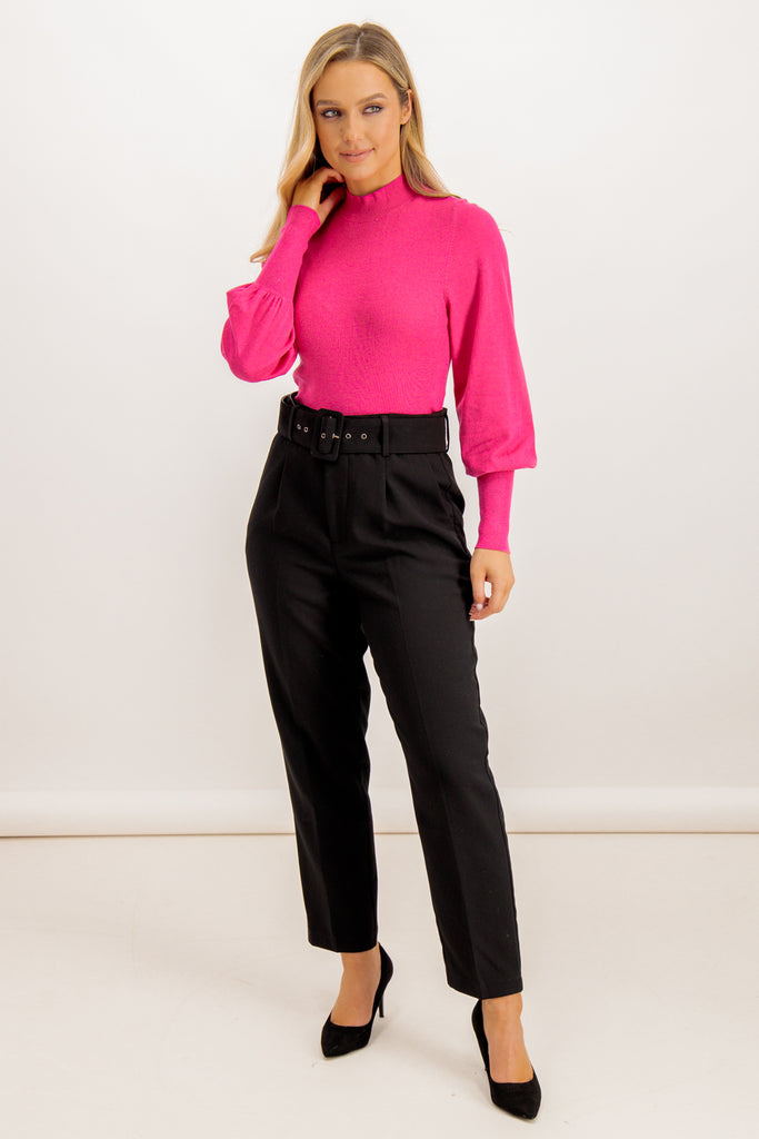 Holly Fuchsia Pink High Neck Puff Sleeve Knit