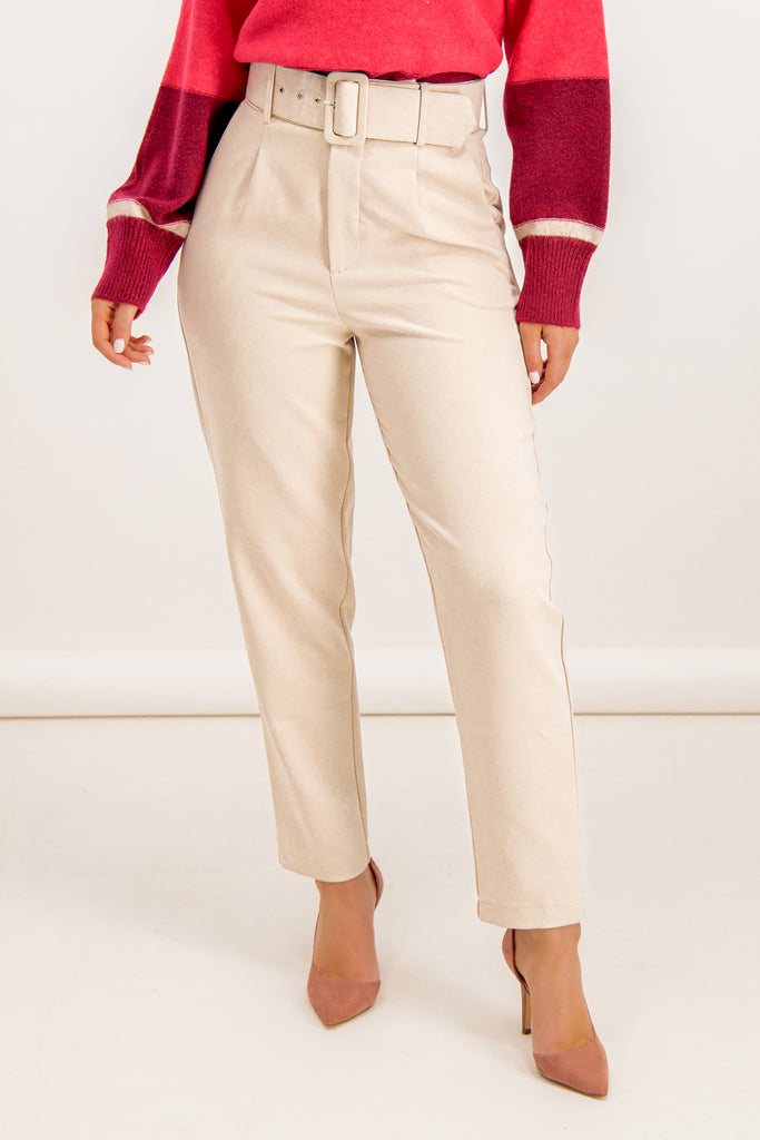 Anna High Waisted Belted Beige Trousers