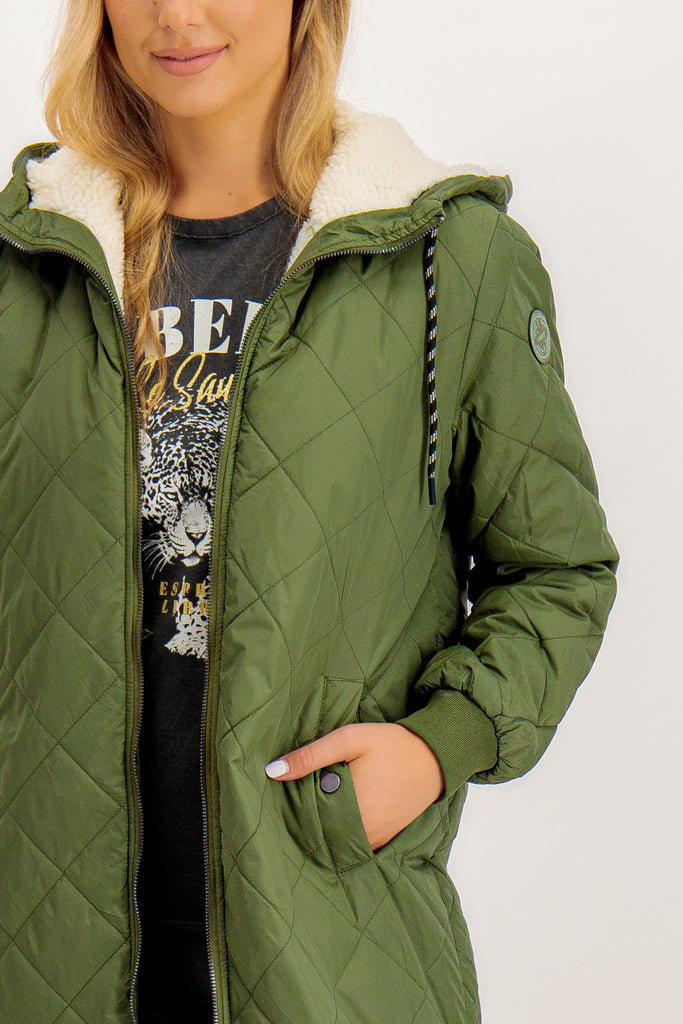 Sandy Fur Lined Khaki Green Quilted Coat