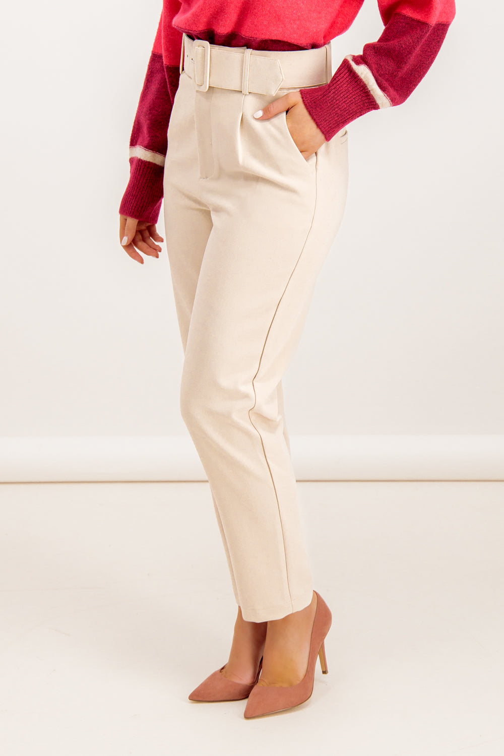 Anna High Waisted Belted Beige Trousers