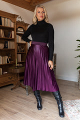 Wine High Shine Pleated Midi Skirt