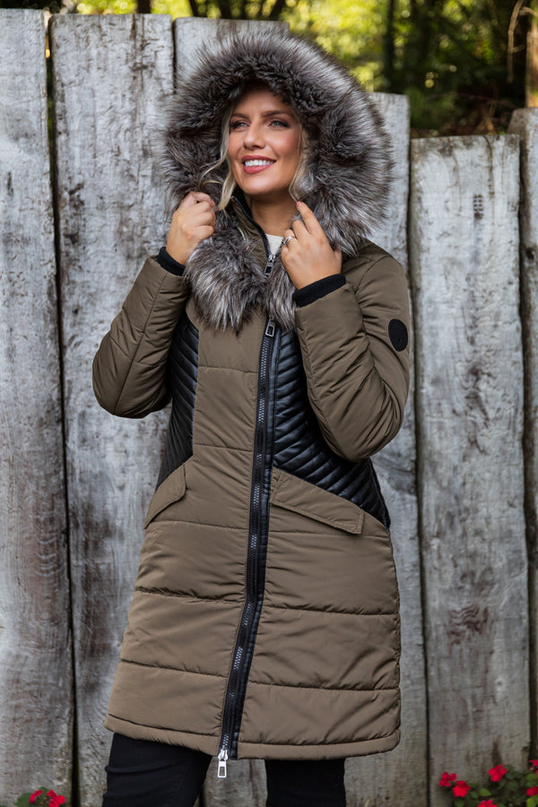 Litta Fur Hooded Green & PU Coat