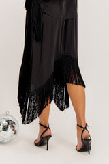 Jana High Waisted Black Fringe Midi Skirt