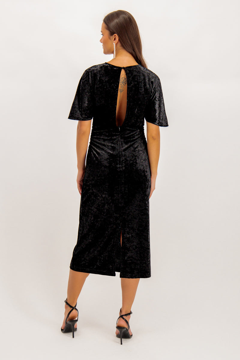 Norma Black Ruched Velvet Midi Dress