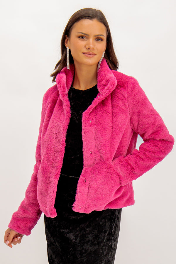Vida Fuchsia Pink Faux Fur Cropped Jacket