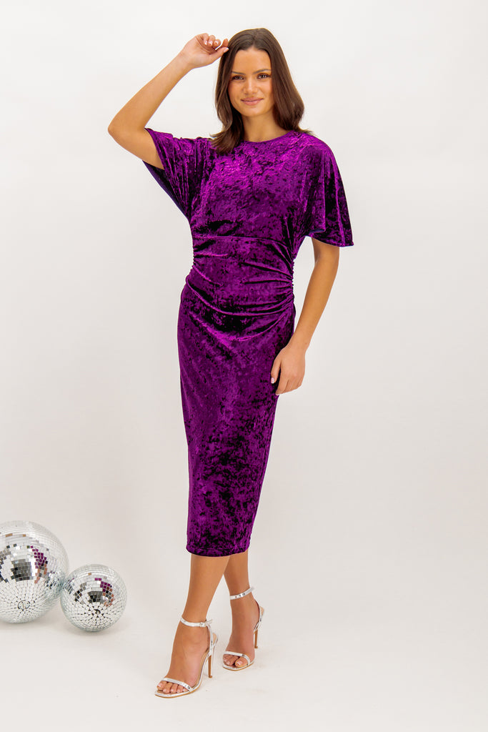 Norma Purple Ruched Velvet Midi Dress