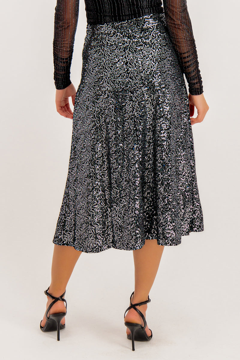 Maile Black Sequin Midi Skirt