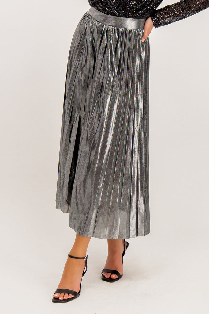 Hailey Pleated Pewter Metallic Skirt