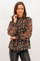 Jade Black & Orange Floral Print Top