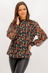 Jade Black & Orange Floral Print Top