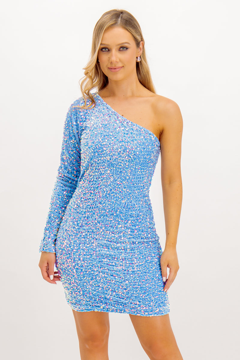 Nylla One Shoulder Blue Velvet Sequin Dress