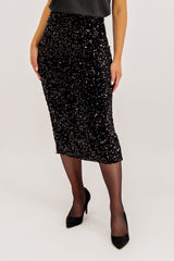 Kam Black Sequins High Waisted Midi Skirt